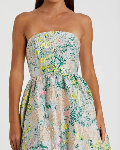 Mac Duggal Petite Multicolor Strapless Floral Brocade A-Line Gown