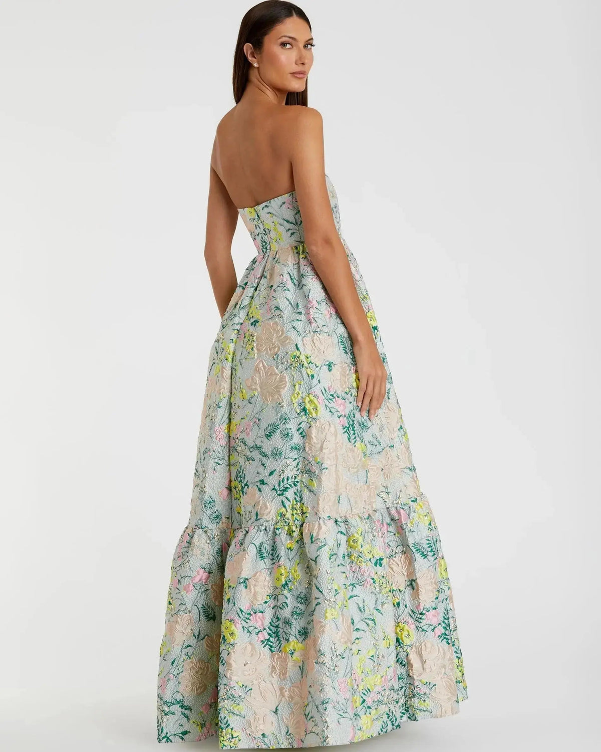 Mac Duggal Petite Multicolor Strapless Floral Brocade A-Line Gown