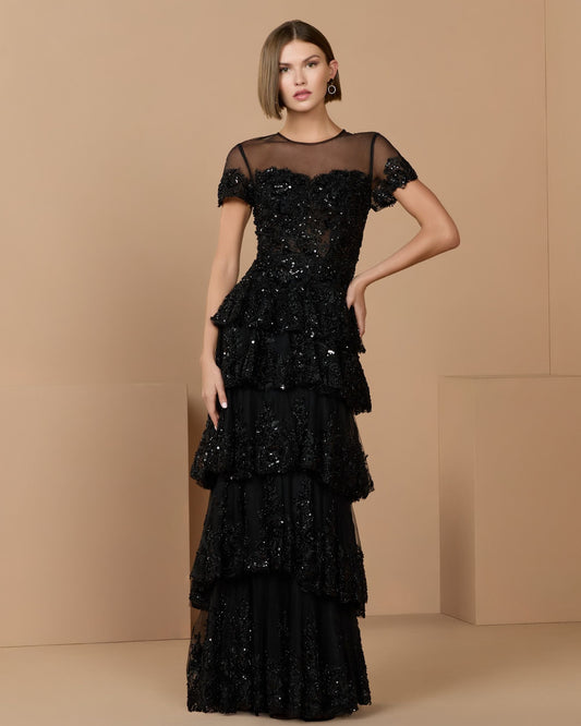 Mac Duggal Black Embellished High Neck Gown With Tiered Ruffle Skirt