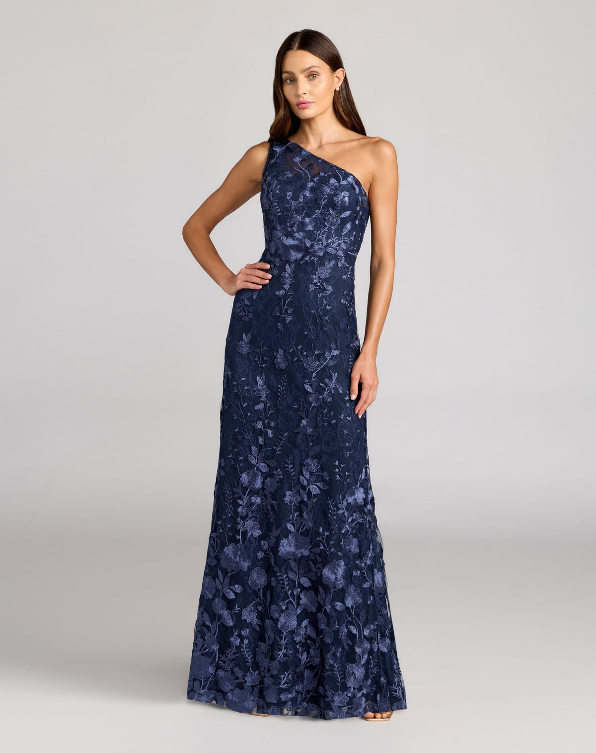 Mac Duggal Petite Navy One Shoulder Lace Embroidered Gown