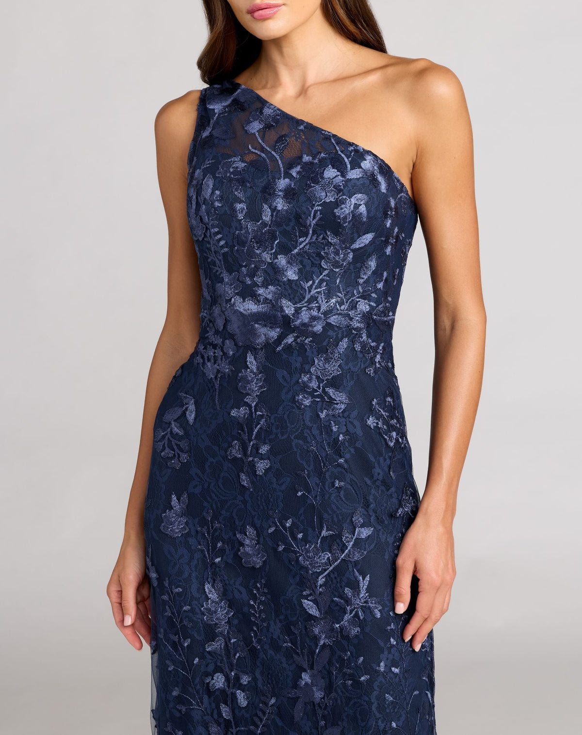 Mac Duggal Petite Navy One Shoulder Lace Embroidered Gown