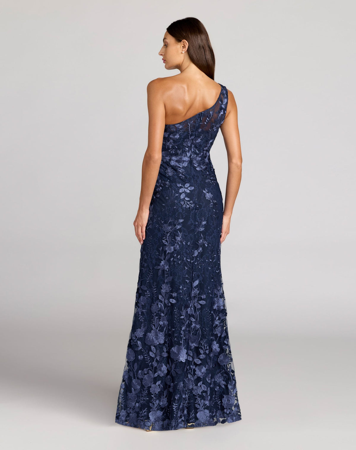 Mac Duggal Petite Navy One Shoulder Lace Embroidered Gown