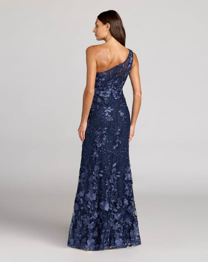 Mac Duggal Petite Navy One Shoulder Lace Embroidered Gown