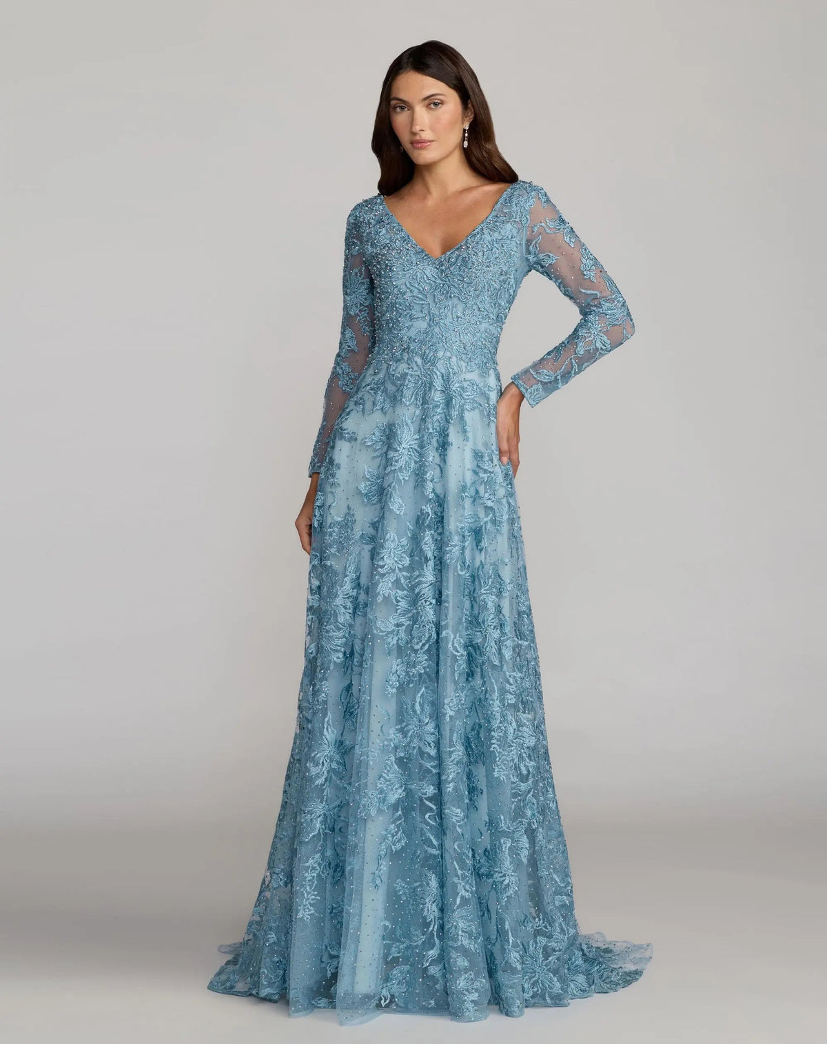 Mac Duggal Blue Embroidered Long Sleeve A-Line Gown