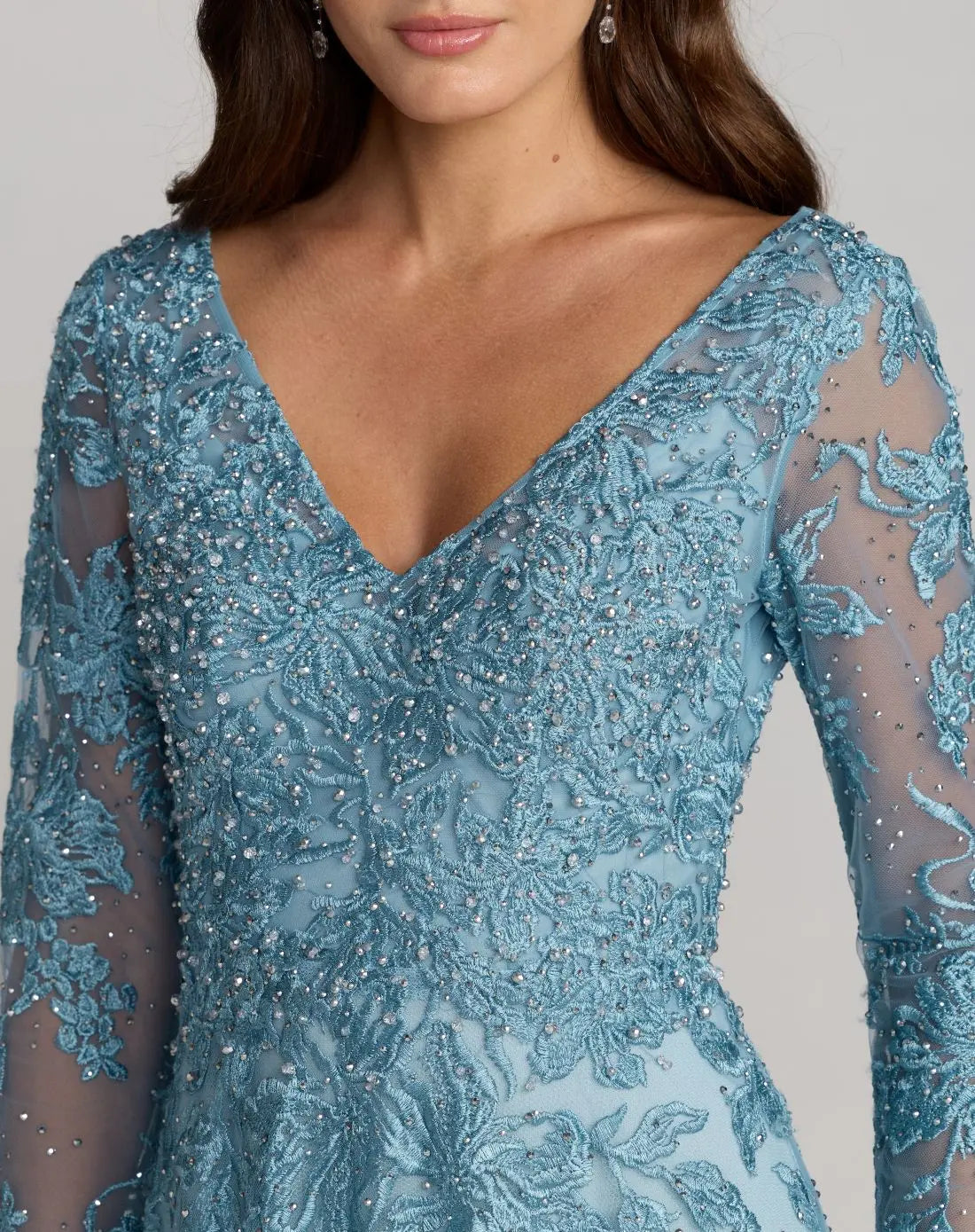 Mac Duggal Blue Embroidered Long Sleeve A-Line Gown