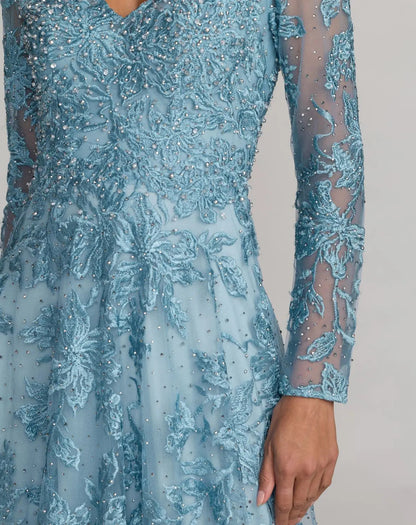 Mac Duggal Blue Embroidered Long Sleeve A-Line Gown