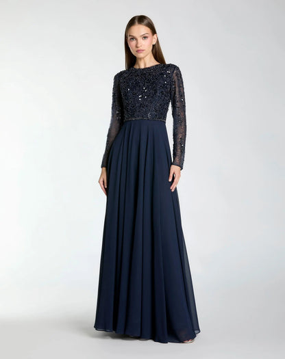 Mac Duggal Navy Embellished Lace Long Sleeve Gown With Chiffon Skirt