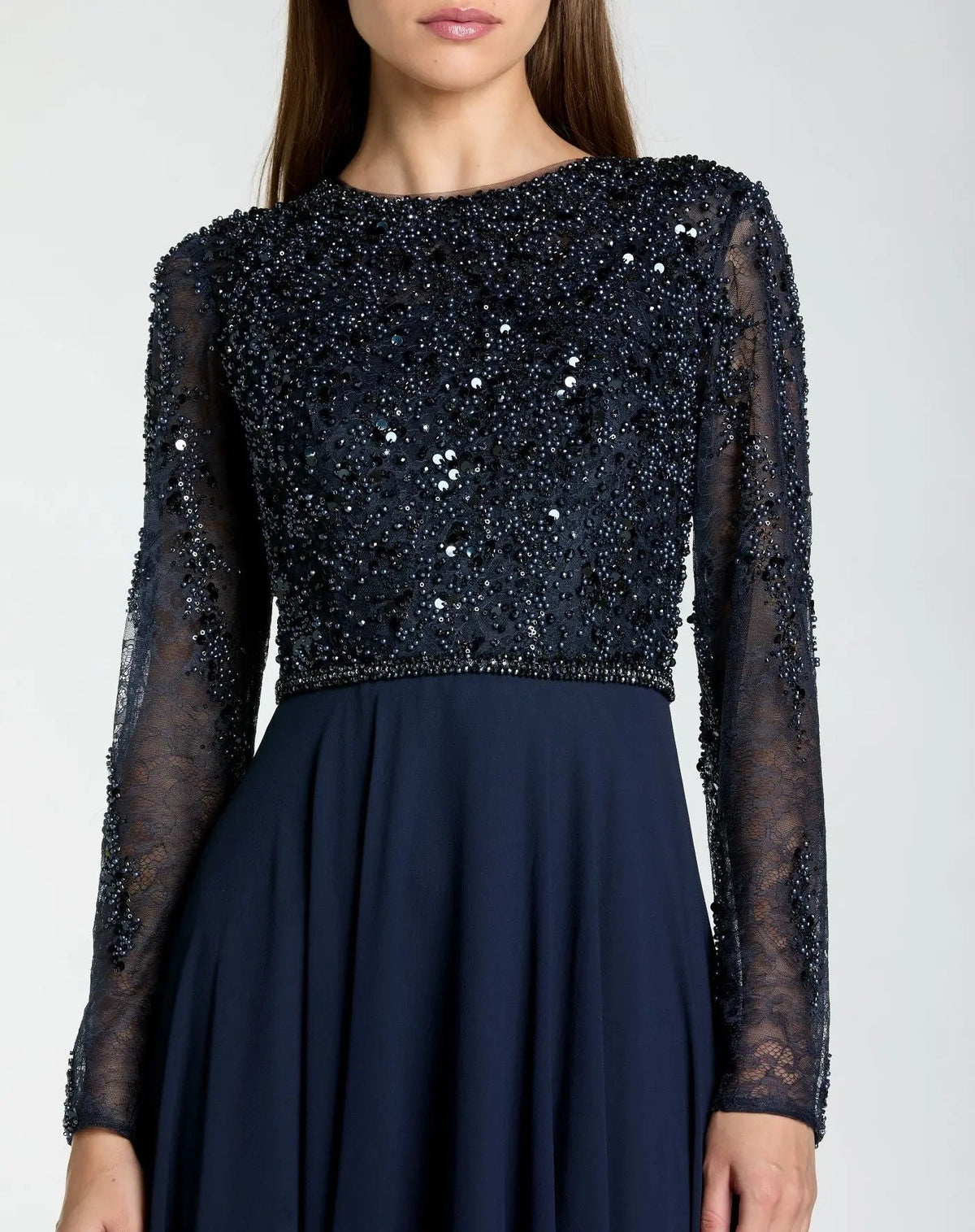 Mac Duggal Navy Embellished Lace Long Sleeve Gown With Chiffon Skirt