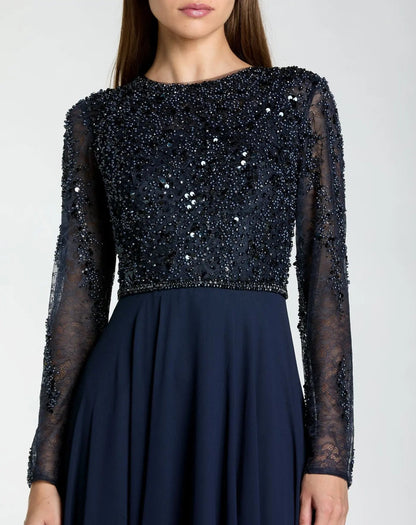 Mac Duggal Navy Embellished Lace Long Sleeve Gown With Chiffon Skirt