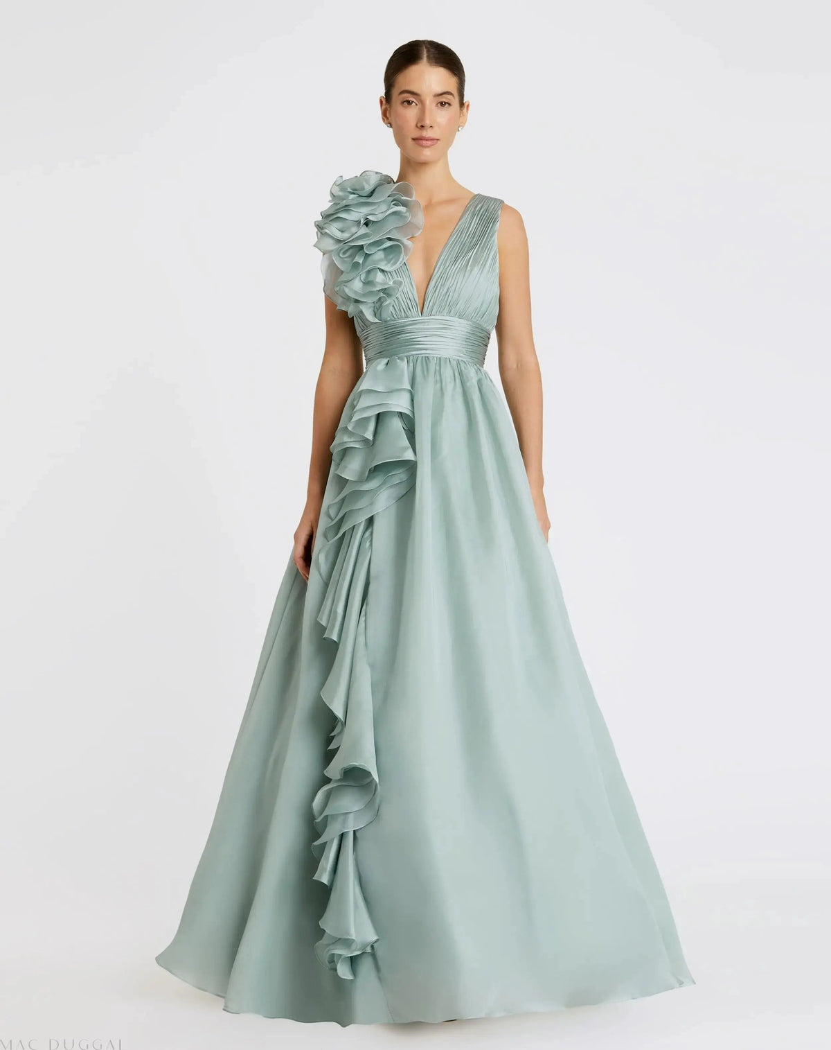 Mac Duggal Green Ruffle Shoulder V-Neck Chiffon Gown