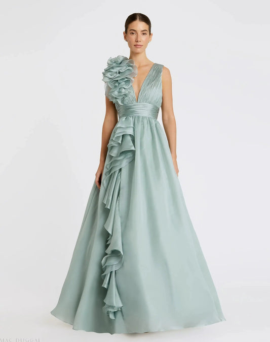 Mac Duggal Green Ruffle Shoulder V-Neck Chiffon Gown
