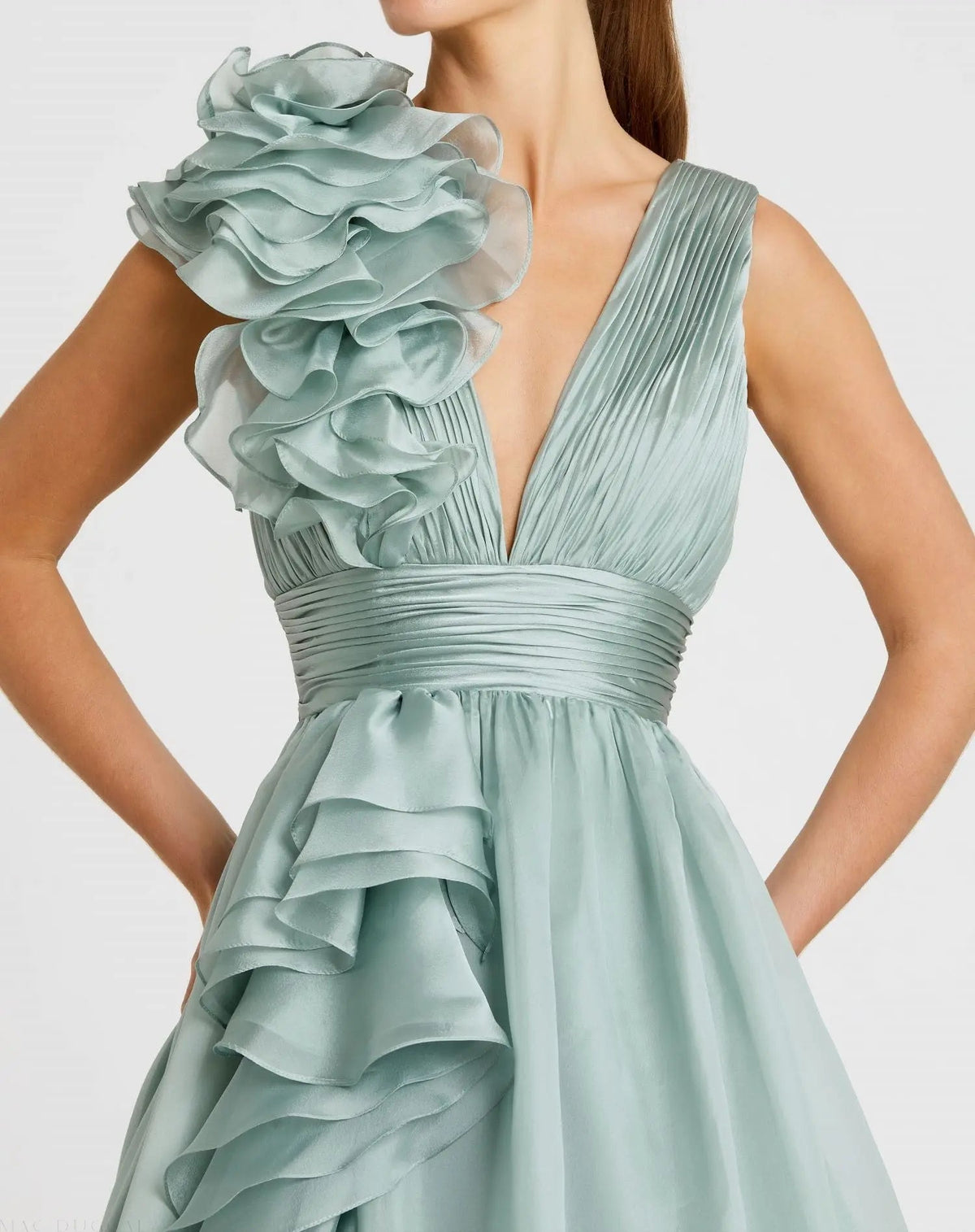 Mac Duggal Green Ruffle Shoulder V-Neck Chiffon Gown