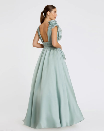 Mac Duggal Green Ruffle Shoulder V-Neck Chiffon Gown