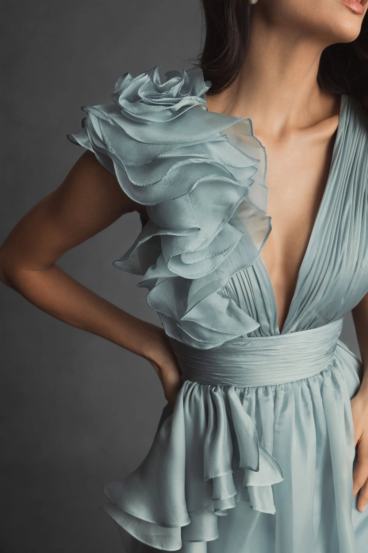 Mac Duggal Green Ruffle Shoulder V-Neck Chiffon Gown