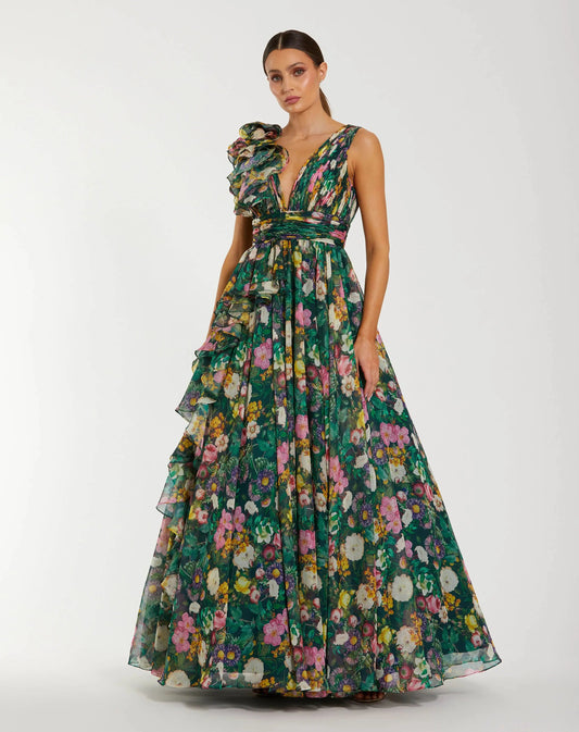 Mac Duggal Green Sleeveless V-Neck Floral Chiffon Ruffle Ball Gown