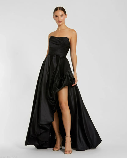 Mac Duggal Black Strapless Ruched High Low Gown