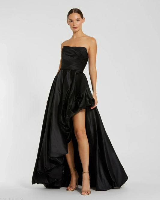 Mac Duggal Black Strapless Ruched High Low Gown