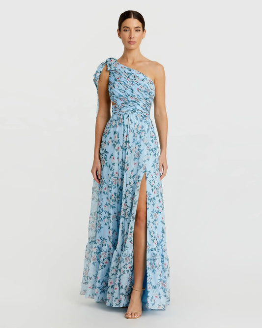 Mac Duggal Blue Floral Chiffon One Shoulder Gown