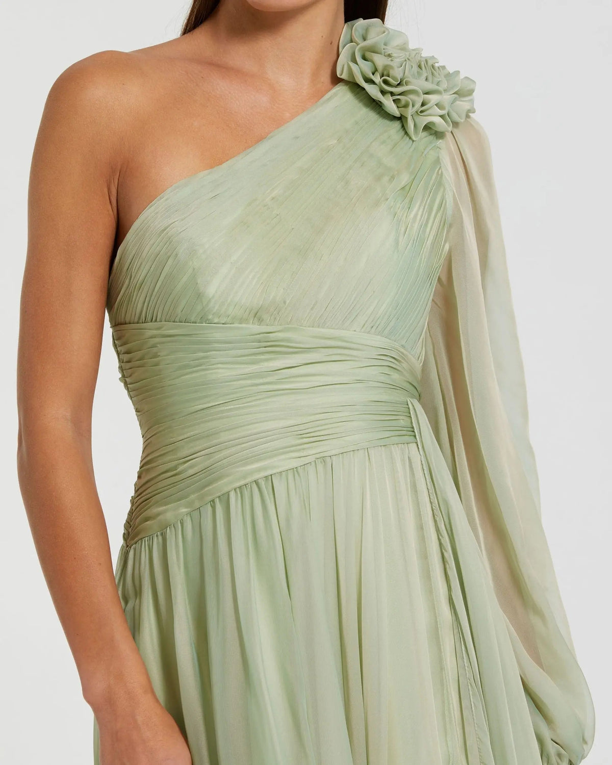 Mac Duggal Sage Green One Shoulder 3D Flower Gown With Slit