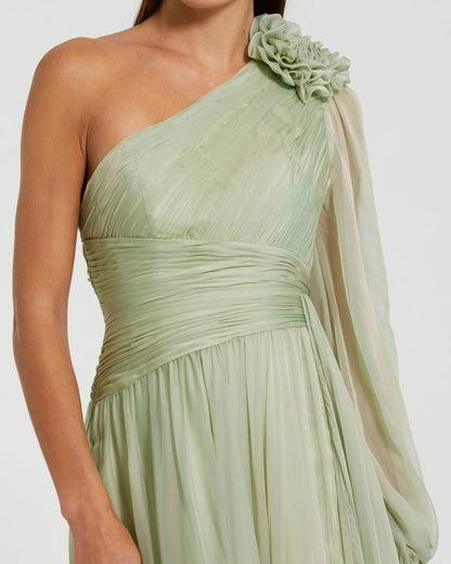 Mac Duggal Sage Green One Shoulder 3D Flower Gown With Slit