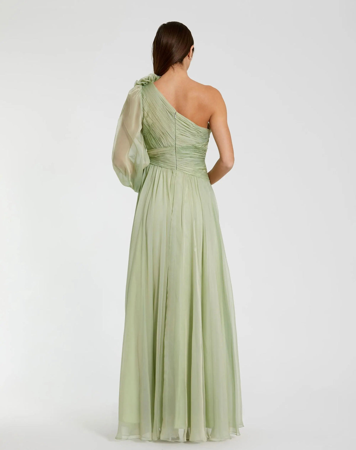 Mac Duggal Sage Green One Shoulder 3D Flower Gown With Slit