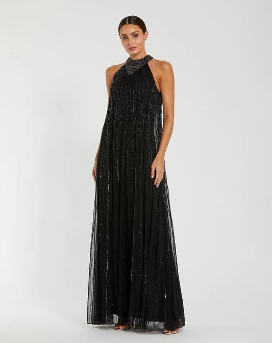 Mac Duggal Black Sleeveless Halter Neck Embellished Trapeze Gown