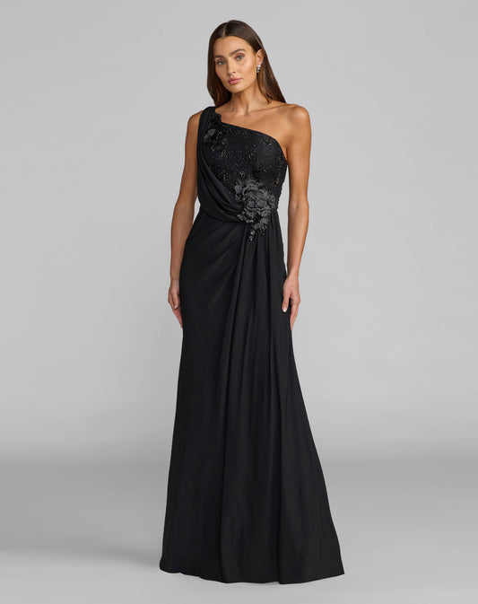 Mac Duggal Black One Shoulder Draped Jersey Gown With 3D Flowers