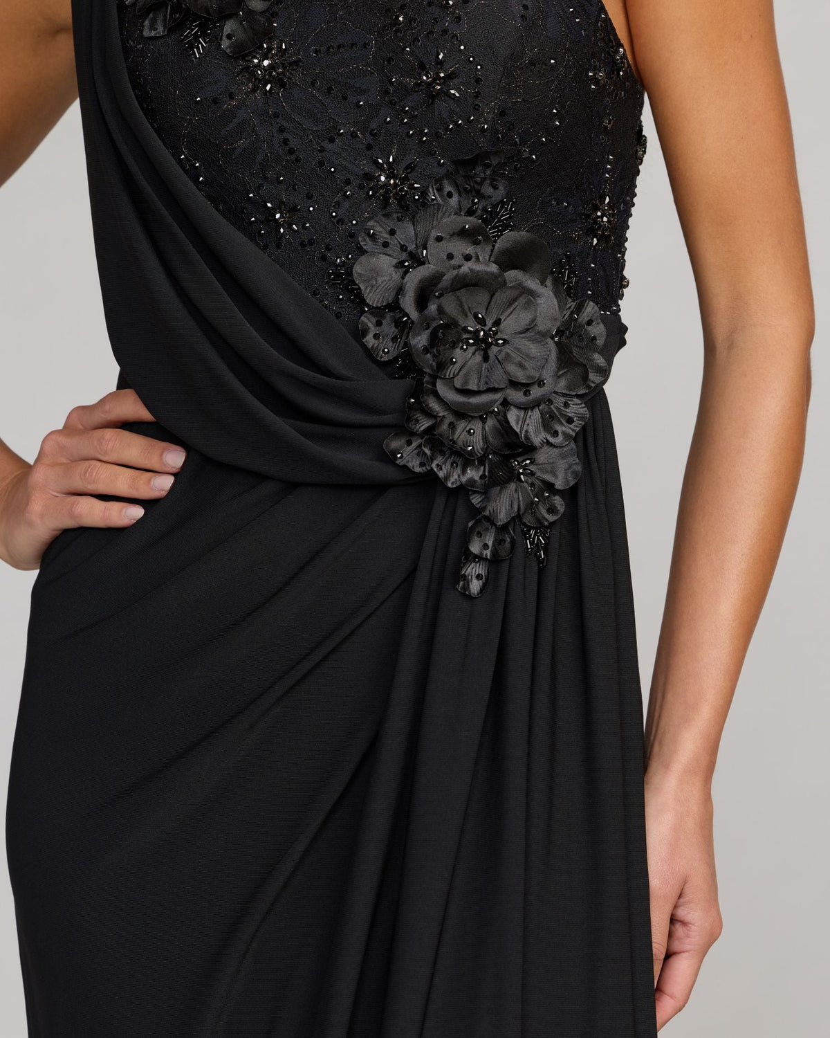 Mac Duggal Black One Shoulder Draped Jersey Gown With 3D Flowers
