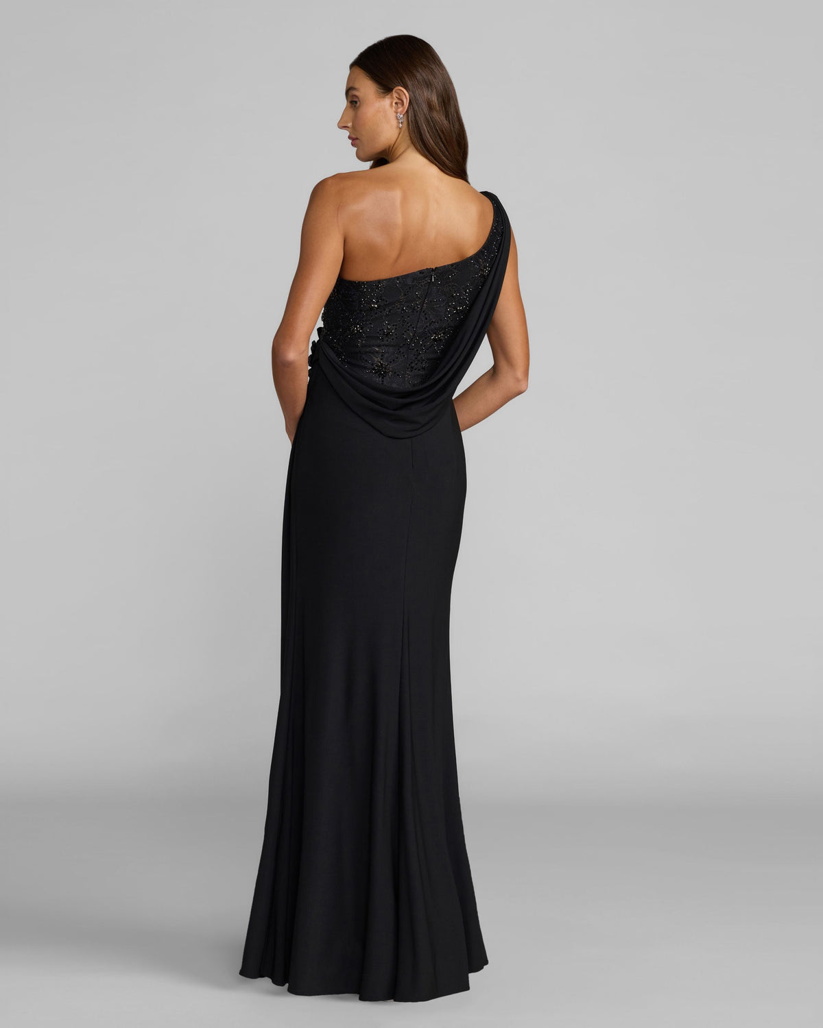 Mac Duggal Black One Shoulder Draped Jersey Gown With 3D Flowers
