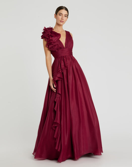 Mac Duggal Petite Burgundy Ruffle Shoulder V-Neck Chiffon Gown