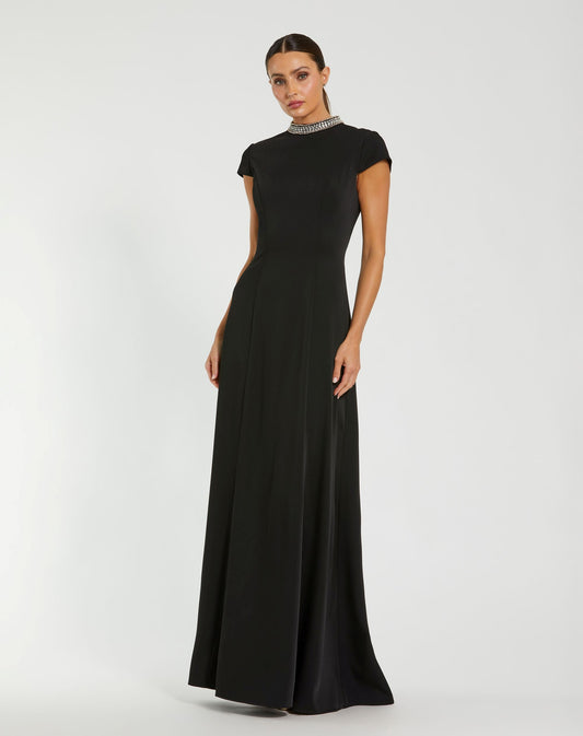 Mac Duggal Black Cap Sleeve Gown With Embellished Neckline
