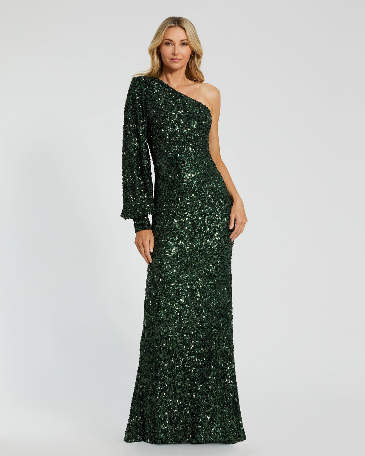 Mac Duggal Emerald Sequined One Shoulder Bishop Sleeve Trumpet Gown Duggal