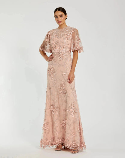 Mac Duggal Petite Pink Flutter Sleeve Floral Embroidered Net Gown