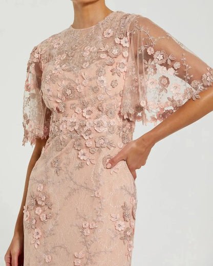 Mac Duggal Petite Pink Flutter Sleeve Floral Embroidered Net Gown