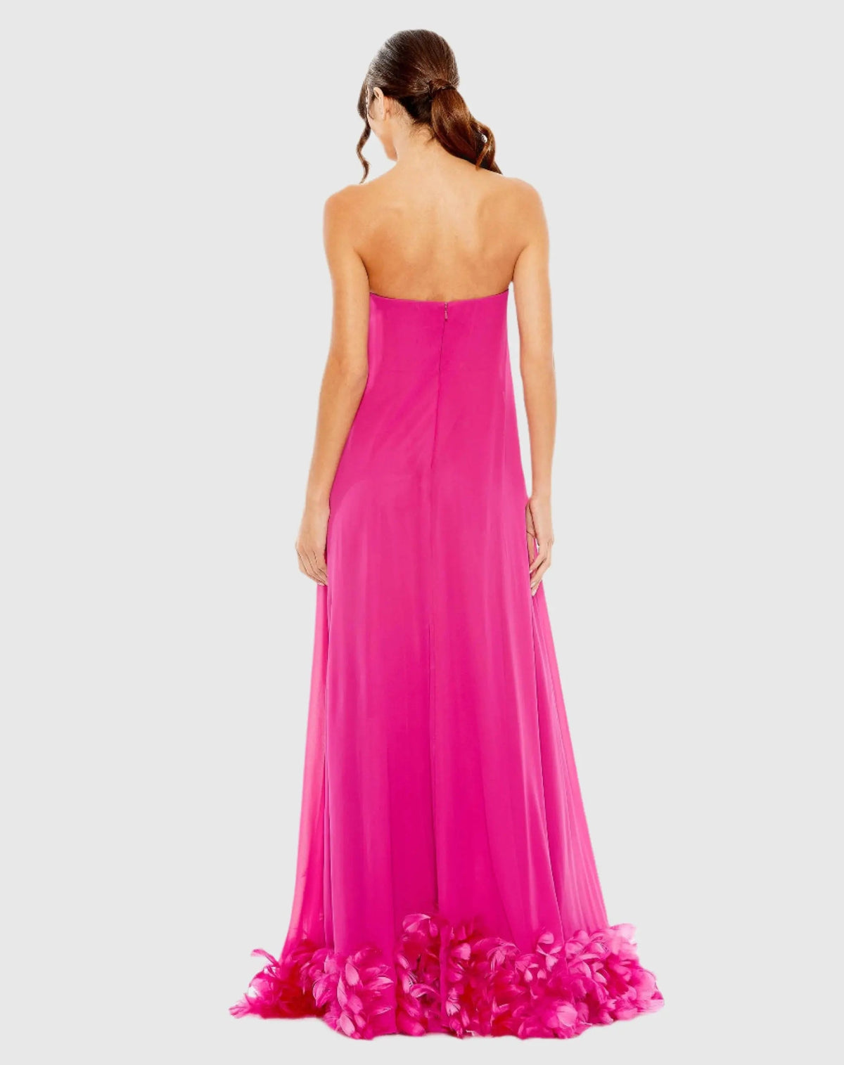 Mac Duggal Pink Strapless High Low Feather Hem Gown