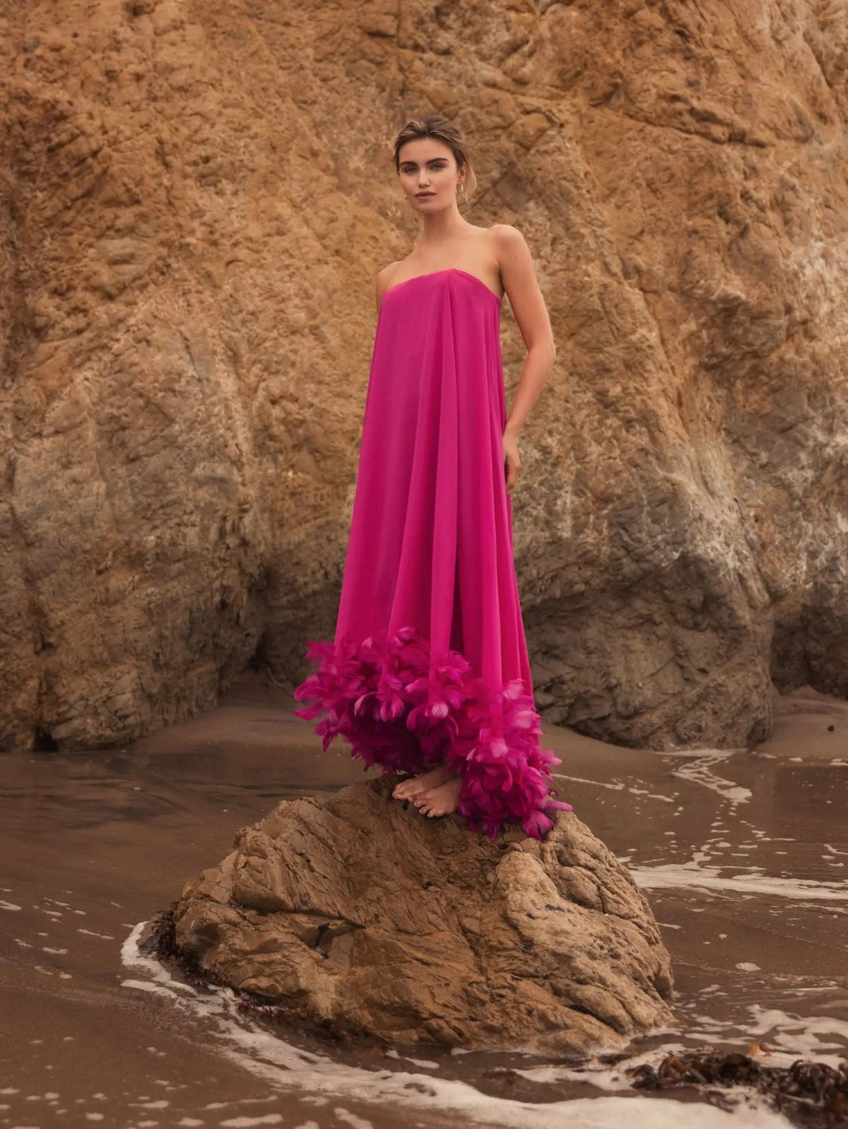 Mac Duggal Pink Strapless High Low Feather Hem Gown