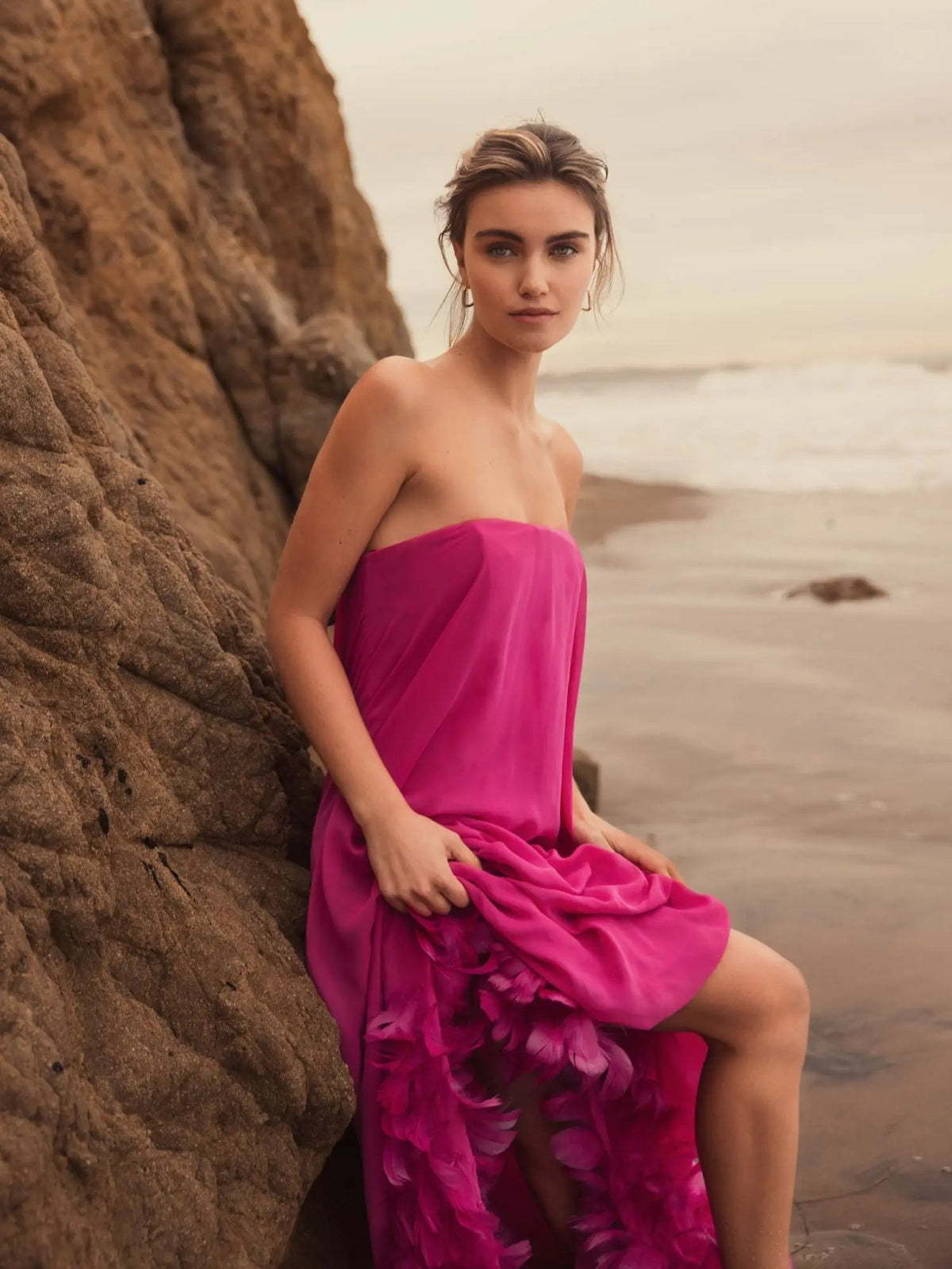 Mac Duggal Pink Strapless High Low Feather Hem Gown