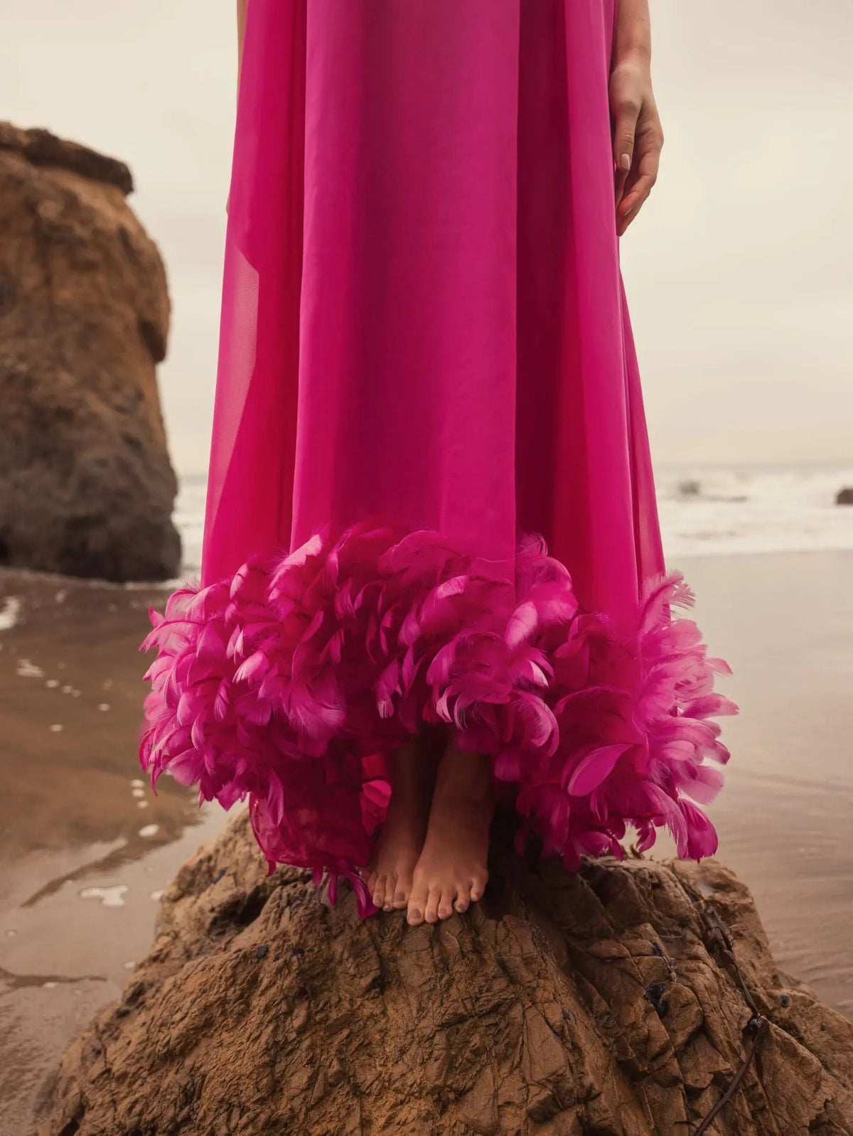 Mac Duggal Pink Strapless High Low Feather Hem Gown