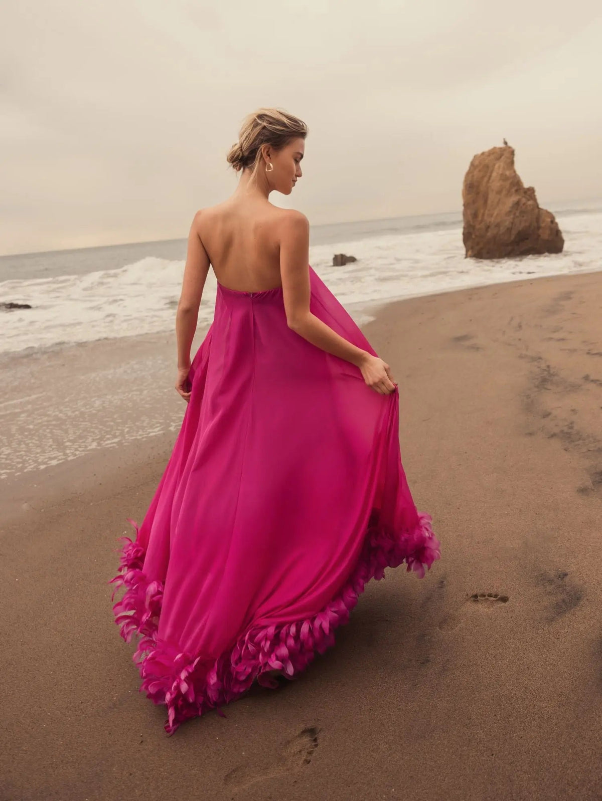Mac Duggal Pink Strapless High Low Feather Hem Gown