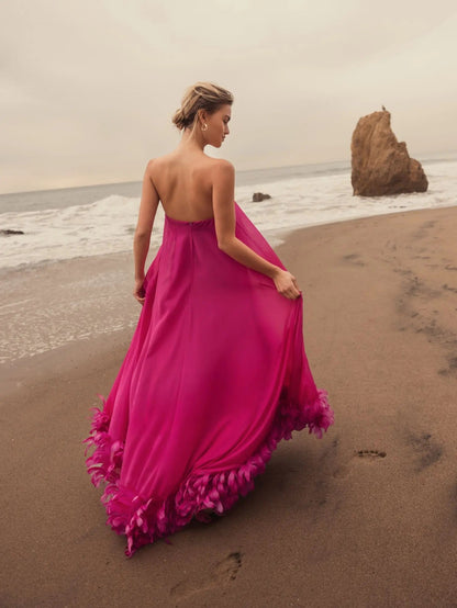 Mac Duggal Pink Strapless High Low Feather Hem Gown