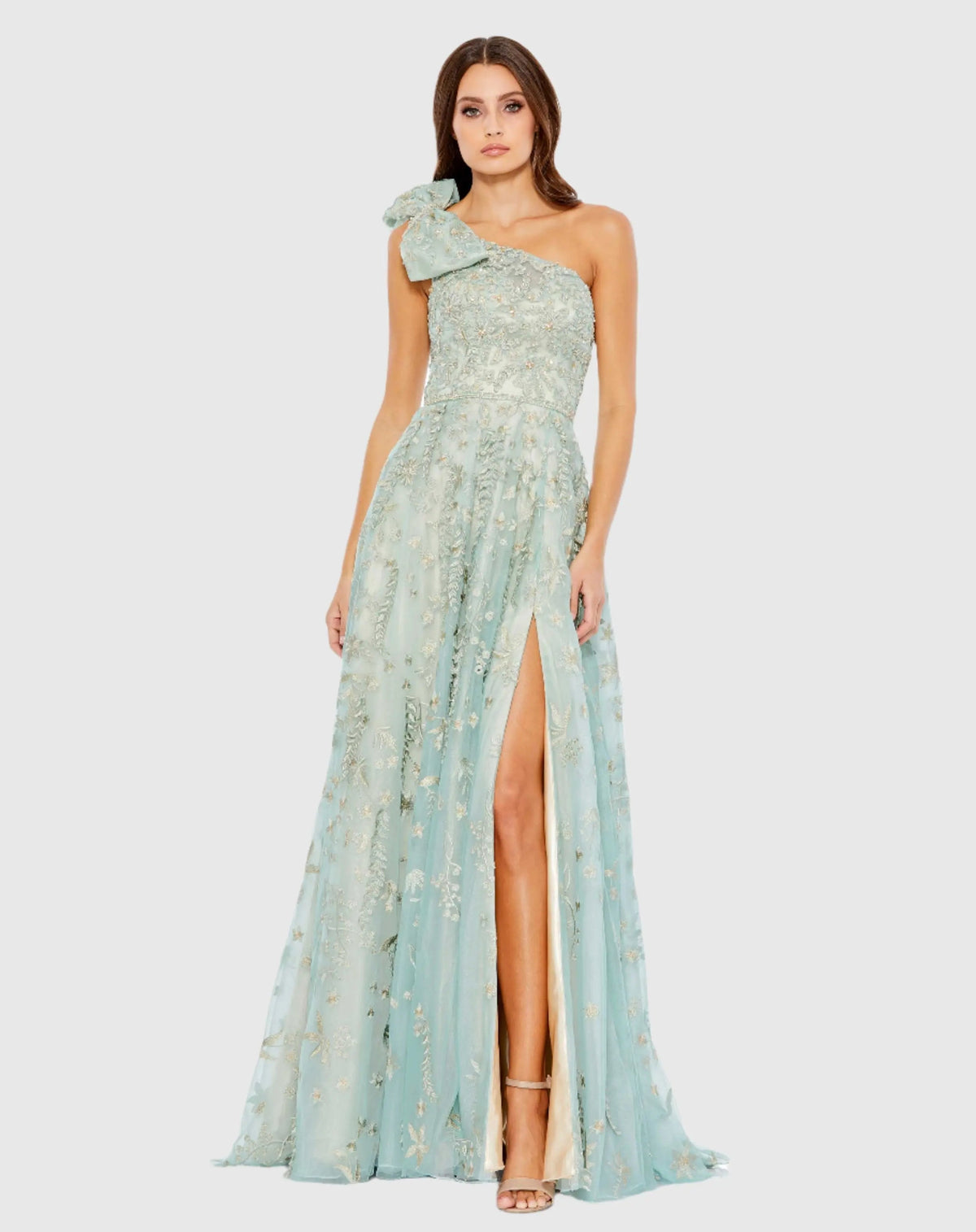 Mac Duggal Green Embellished Bow One Shoulder A Line Gown Duggal