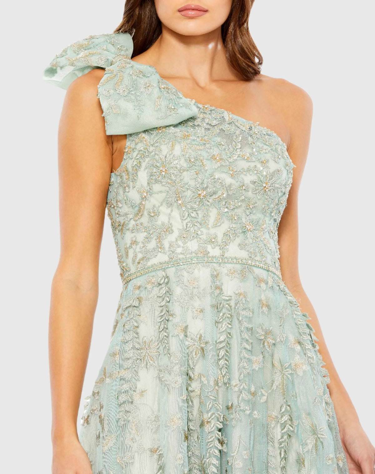 Mac Duggal Green Embellished Bow One Shoulder A Line Gown Duggal