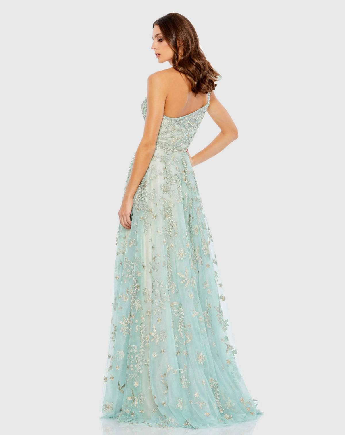 Mac Duggal Green Embellished Bow One Shoulder A Line Gown Duggal