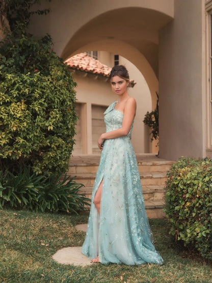 Mac Duggal Green Embellished Bow One Shoulder A Line Gown Duggal