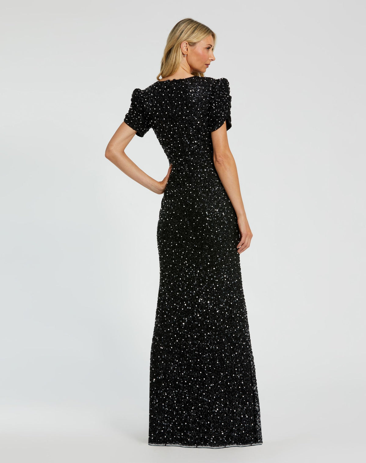 Mac Duggal Petite Black Gathered Short Sleeve Embellished Gown