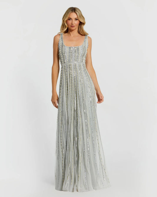 Mac Duggal Green Scoop Neck A-Line Gown With Striped Beading