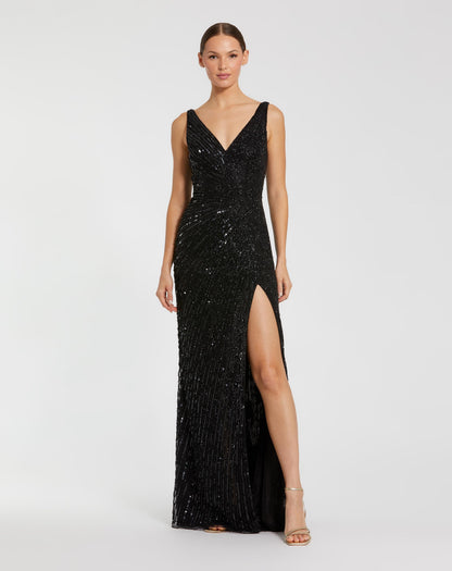 Mac Duggal Black Beaded Floral Sleeveless Gown