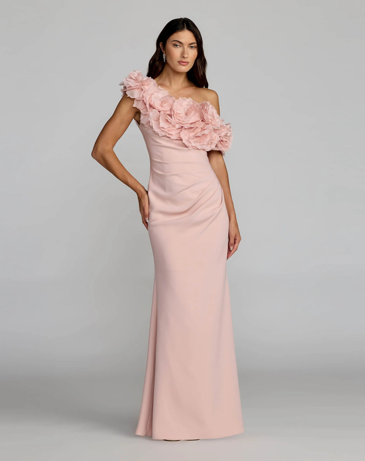 Mac Duggal Pink One Shoulder Crepe Gown With 3D Flowers