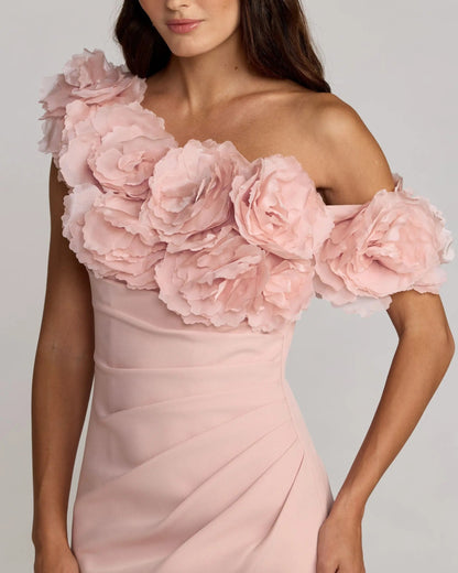 Mac Duggal Pink One Shoulder Crepe Gown With 3D Flowers