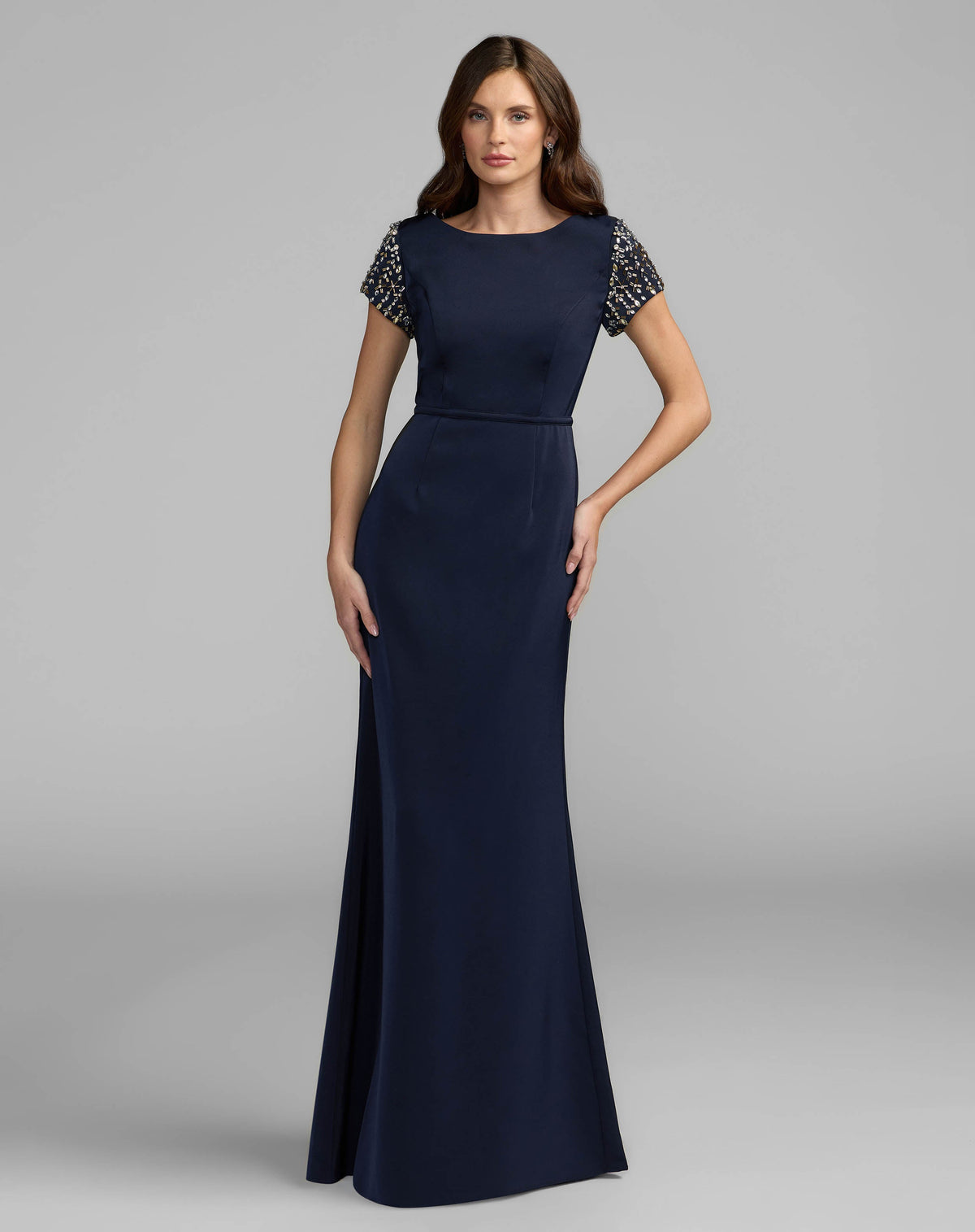 Mac Duggal Navy Beaded Cap Sleeve Satin Column Gown